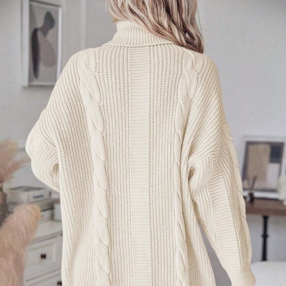 Beige Casual Womens Turtleneck Cable Knit Drop Shoulder Sweater Dress - Picture 2 of 5